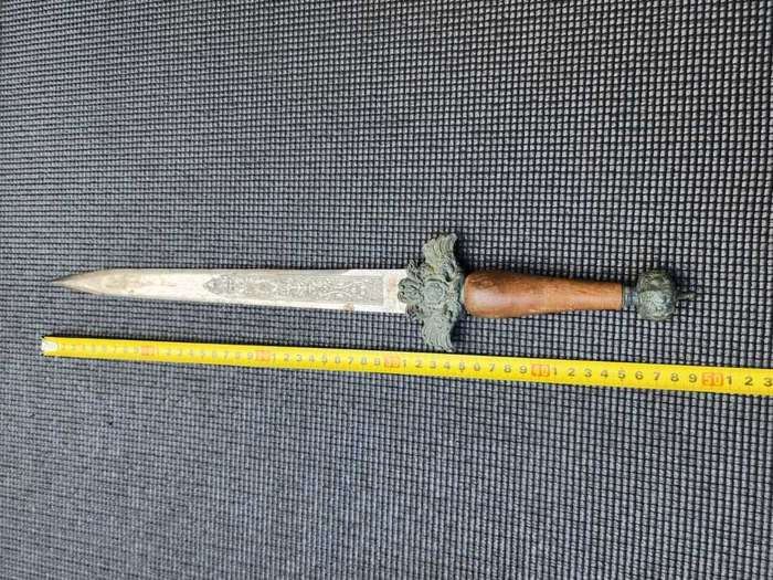 Vintage Engraved Spanish Toledo Main-Gauche Type Parrying Dagger with Elaborate Brass Relief Guard