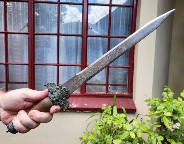 Vintage Engraved Spanish Toledo Main-Gauche Type Parrying Dagger with Elaborate Brass Relief Guard