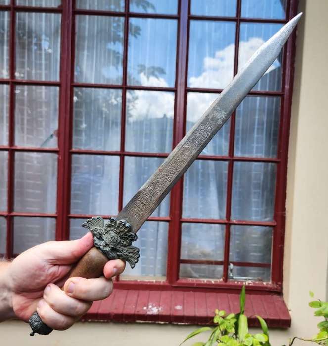 Vintage Engraved Spanish Toledo Main-Gauche Type Parrying Dagger with Elaborate Brass Relief Guard