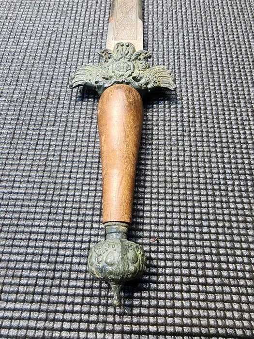 Vintage Engraved Spanish Toledo Main-Gauche Type Parrying Dagger with Elaborate Brass Relief Guard