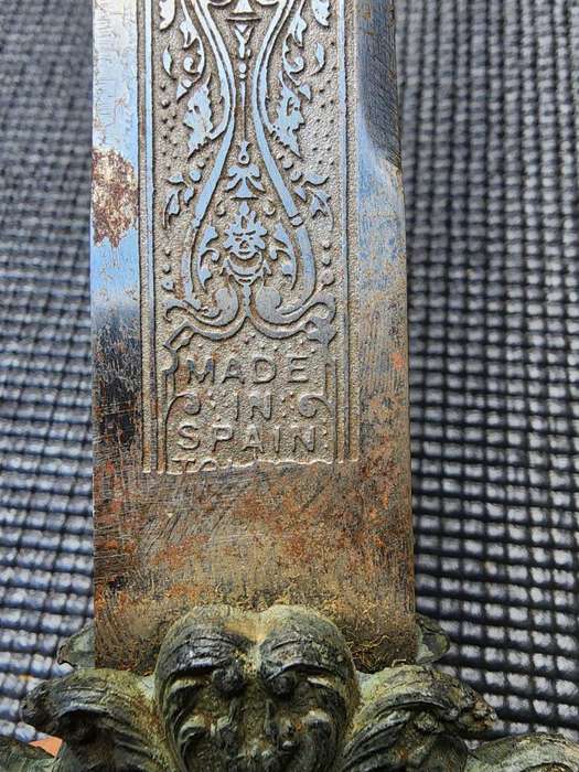 Vintage Engraved Spanish Toledo Main-Gauche Type Parrying Dagger with Elaborate Brass Relief Guard