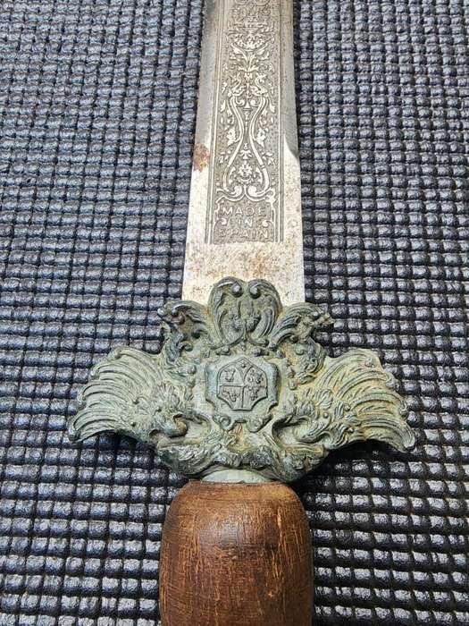 Vintage Engraved Spanish Toledo Main-Gauche Type Parrying Dagger with Elaborate Brass Relief Guard