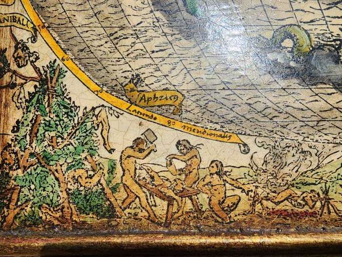 Spectacular 1532 Map of the World Engraved Print With Original Hand Colouring Cannibals Sea Monsters