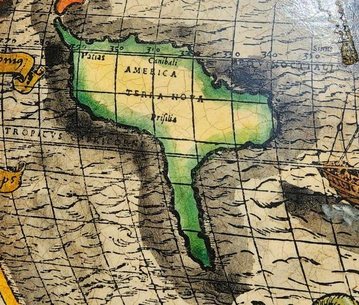 Spectacular 1532 Map of the World Engraved Print With Original Hand Colouring Cannibals Sea Monsters