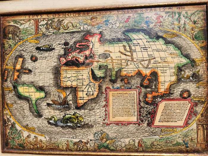 Spectacular 1532 Map of the World Engraved Print With Original Hand Colouring Cannibals Sea Monsters