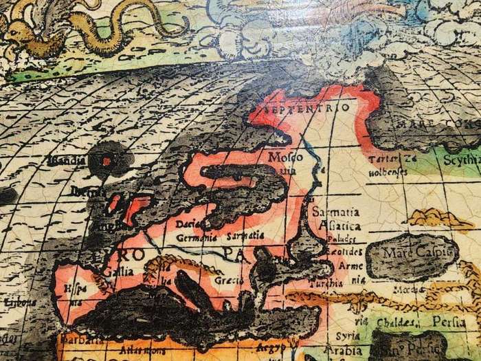 Spectacular 1532 Map of the World Engraved Print With Original Hand Colouring Cannibals Sea Monsters