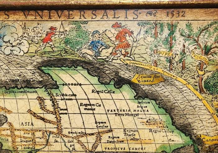 Spectacular 1532 Map of the World Engraved Print With Original Hand Colouring Cannibals Sea Monsters