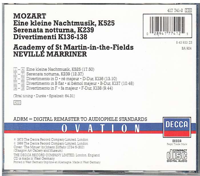 Mozart - Eine Kleine Nachtmusik, K525/K239/136-8 CD