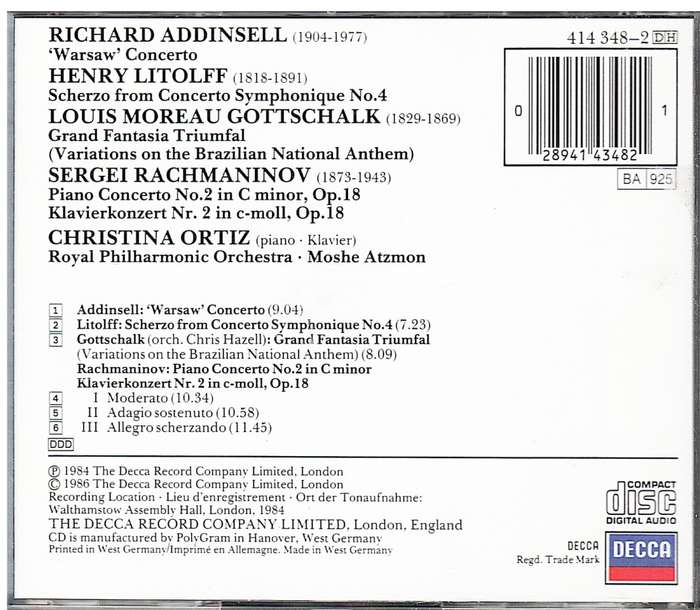 Cristina Ortiz - Addinsell/Rachmaninov/Litolff CD (with Royal Philharmonic, Moshe Atzmon - Cond.)
