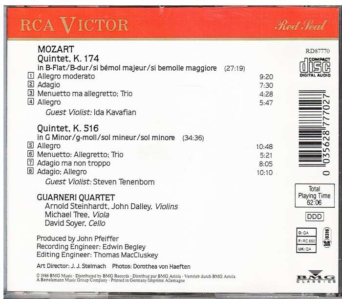 Guarneri Quartet - Mozart Complete Viola Quintets (K 174/K 516) CD