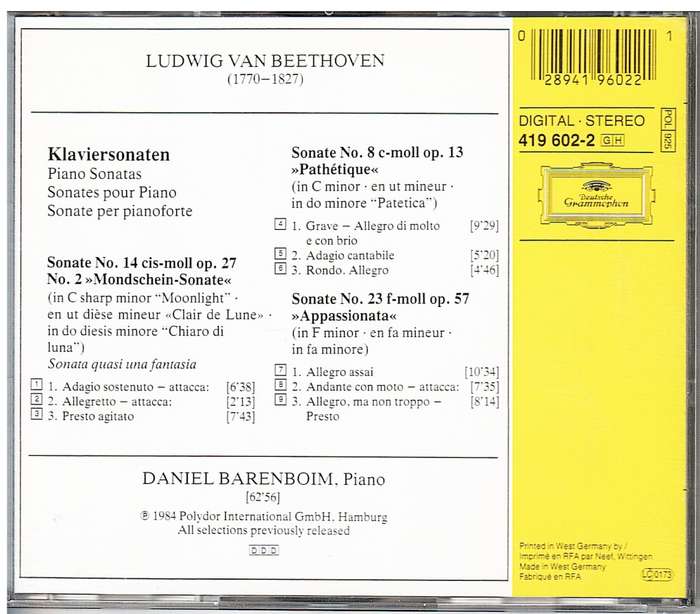 Beethoven: Sonaten - Daniel Barenboim (Moonlight/Claire de Lune/Pathetique/Appasionata) [IMPORT]