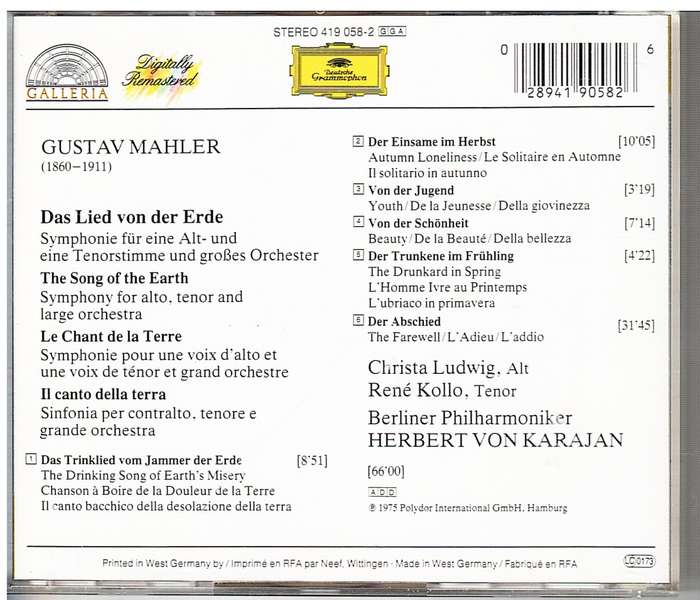 Gustav Mahler - Das Lied von der Erde CD (Berliner Harmoniker, Herbert von Karajan cond.) [IMPORT]