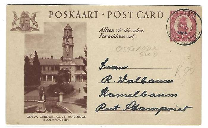 SWA - Postcard Govt.Buildings Bloemfontein- Cancelled at `Osterode Sud` on 06/01/48