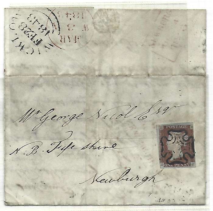 Great Britain - Penny red - Stamps and complete letter - Black Maltese Cross Cancelled