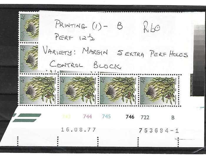 RSA SACC 421 - 4c Protea series- Variety- Extra perf holes in side margin