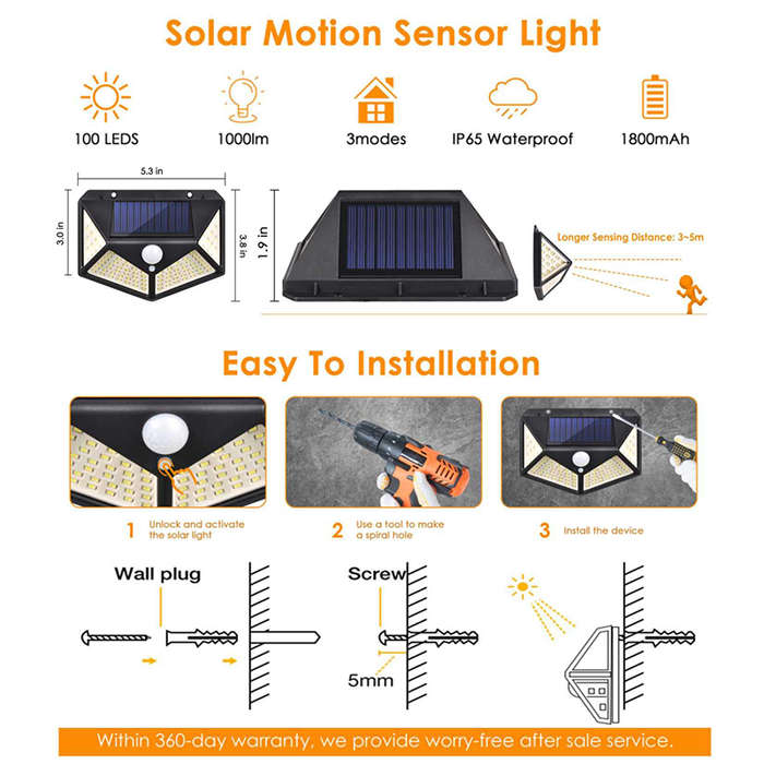 Mini 100 LED Outdoor Solar Wall Light PIR Motion Sensor Garden Security Light