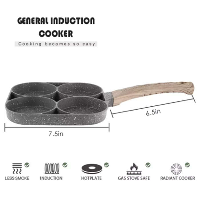 Convenient 4-Hole Omelette Pan For Hamburger Egg Ham Pancake Maker Wooden Handle Frying Pan Chef