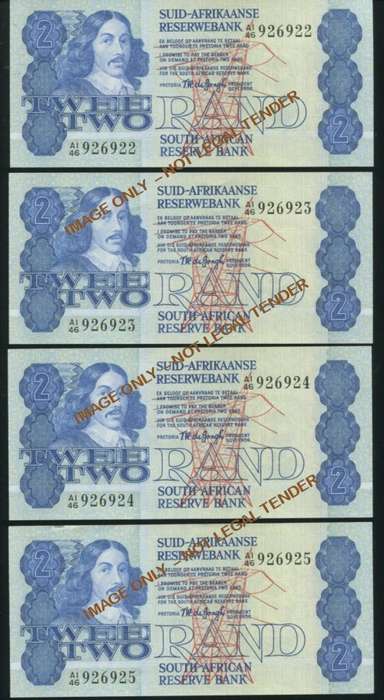 TWO RAND T W DE JONGH UNC BANKNOTES IN SERIES X 4 NOTES - 1978 4TH ISSUE