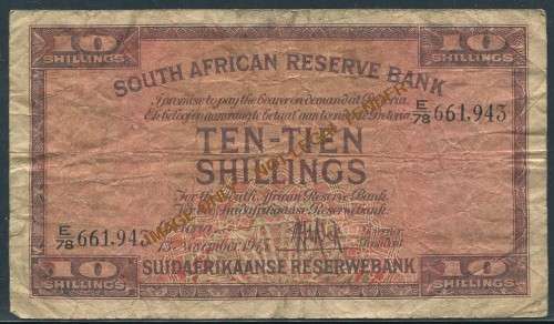 M H DE KOCK - TEN SHILLINGS  BANKNOTE DATED - 13/11/1945