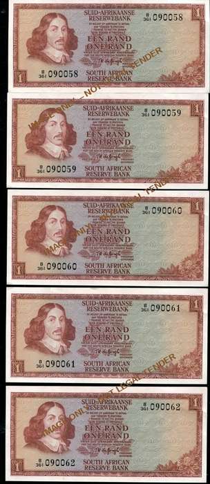 ONE RAND TW DE JONGH UNC BANK NOTES IN SERIES X 5 - 3RD  ISSUE 1975