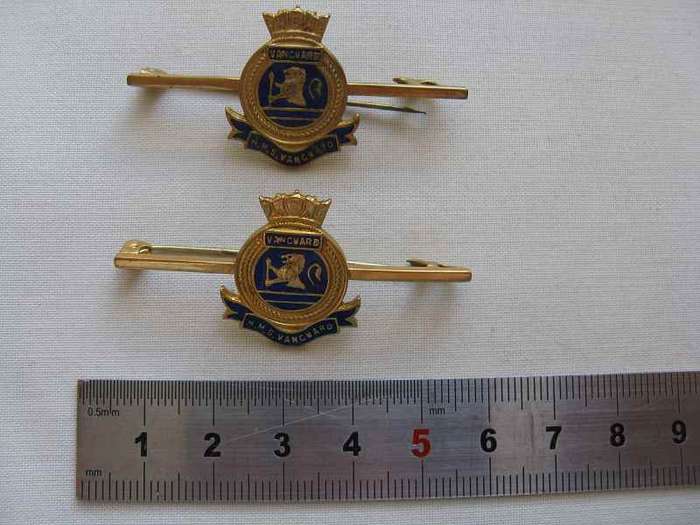 HMS VANGUARD PIN BADGES x 2.