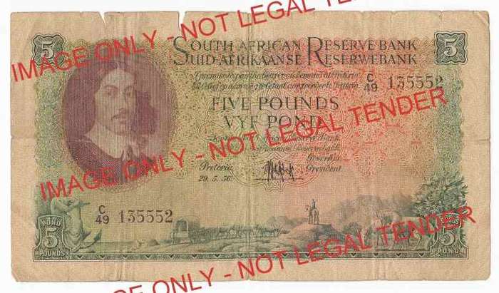 FIVE POUNDS / VYF POND NOTE, GOVERNER M.H.DE KOCK, C49 135552.