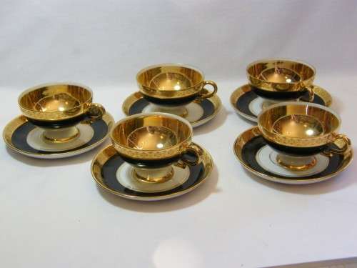 Bavaria gilded tea set with crown mark - hand decorated - 5 cups & 5 saucers