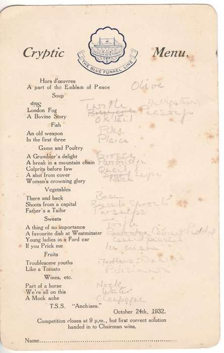 Blue Funnel Line cryptic menu - 1932 - some foxing - as per photo