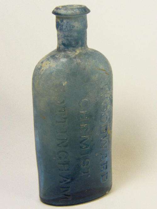 Antique Woodward Chemist Nottingham 6 inch gripe water bottle - light blue - as per photo