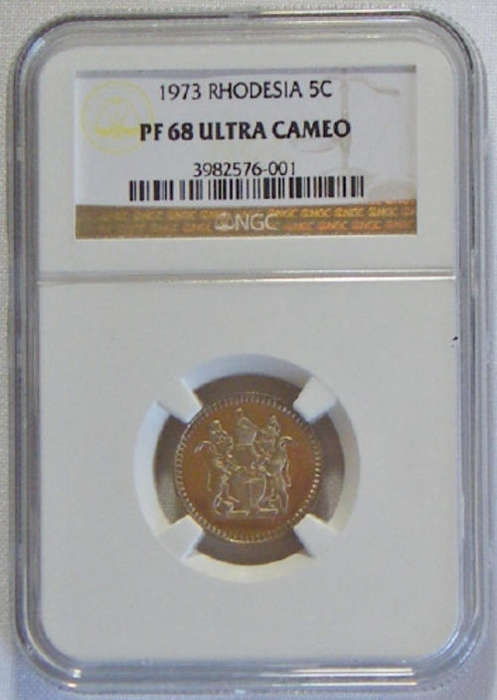 1973 Rhodesia Proof 5 Cent Graded PF 68 Ultra Cameo by NGC - Finest Grade