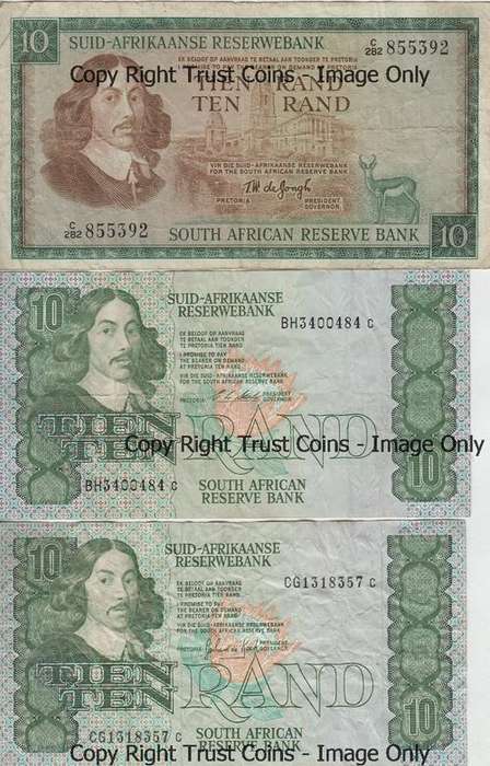 Lot of 3 old SA R10 banknotes - TW de Jongh, GPC de Kock, CL Stals - as per photo
