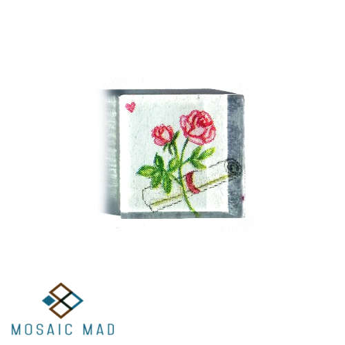 Decoupage Glass Tile - Roses with Scroll Letter and Small Hearts 25x25mm