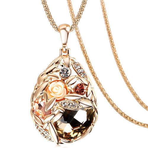 **IN STOCK** Rhinestone Pendant Necklace - Amber with smaller pink colour stone in wooden box