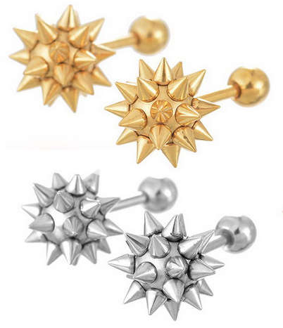 Punk Rock Style Unisex Earrings studs with Star Spike - 2 silver and  2 gold with box