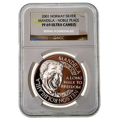 2001 Norway Nelson Mandela Nobel Peace Medal 1oz .925 Silver NGC PF69 Ultra Cameo