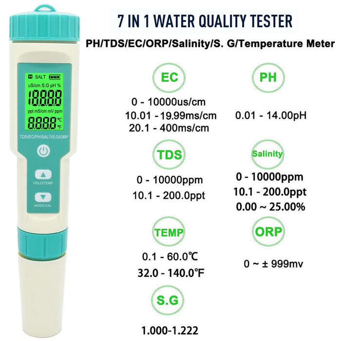 7 In 1 PH TDS EC Salinity S.G. Temperature ORP Meter with Retail packaging