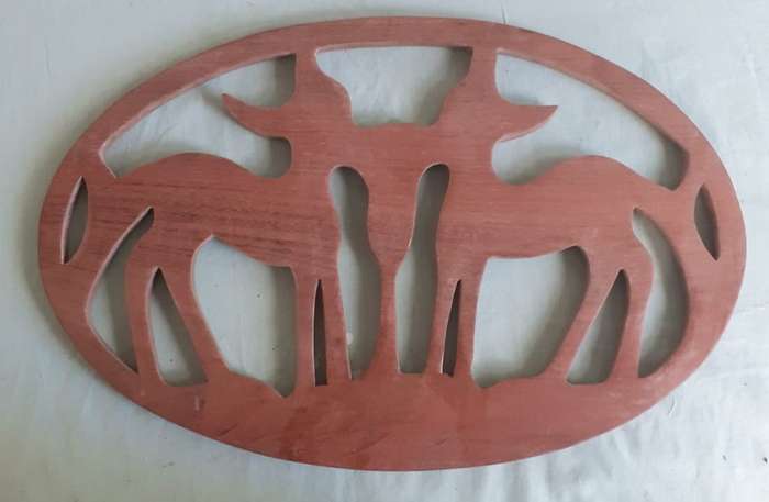 3 carved solid wooden plaques, bird, 2buck, goat