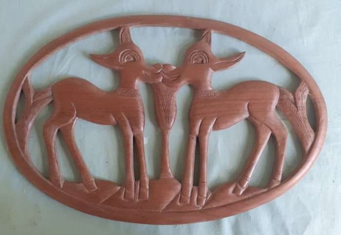 3 carved solid wooden plaques, bird, 2buck, goat
