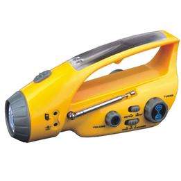 Solar FM Radio and Flashlight. Wind-up and solar powered.