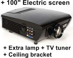 HD Ready projector + Remote controlled screen + Built in TV + Extra lamp + Ceiling bracket