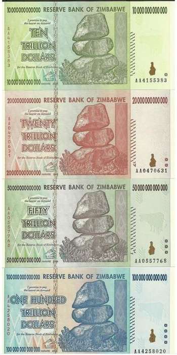 Zimbabwe Trillions Sets - 10, 20, 50 & 100 Trillion Note Sets