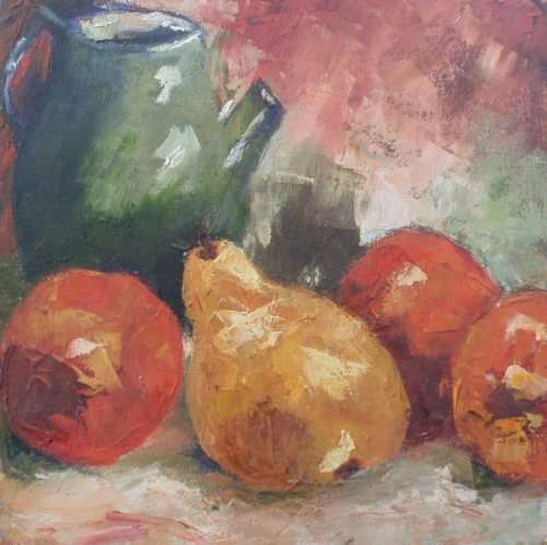 STUNNING ORIGINAL OIL ON CANVAS - 'AUTUMN FRUIT WITH GREEN JUG' - PALETTE KNIFE FINISH, LOVELY!!!