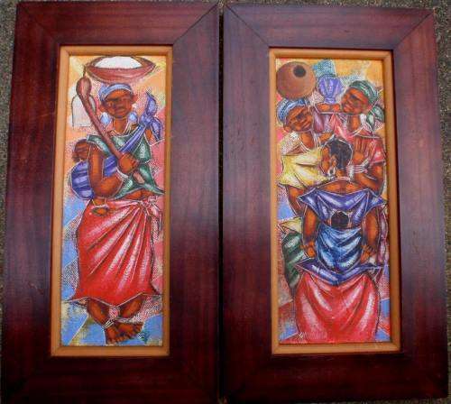 African art - two original paintings depicting every day scenes. Well framed and ready to hang.