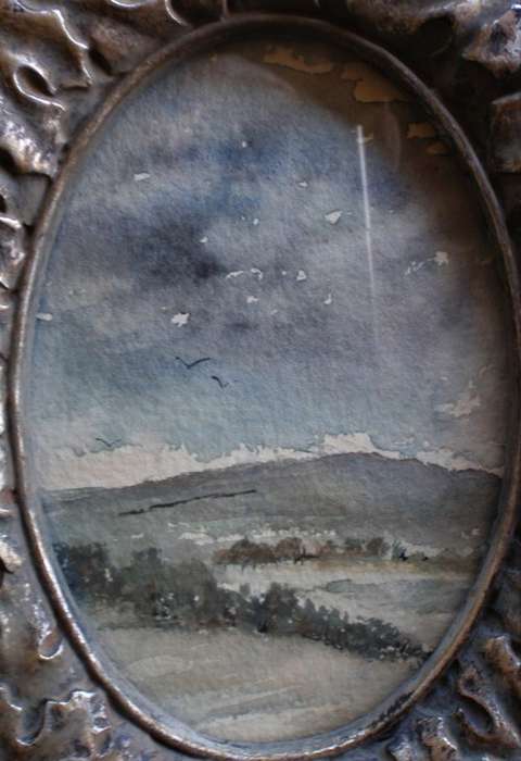 Original watercolour in heavy ornate pewter style frame - lovely character piece.