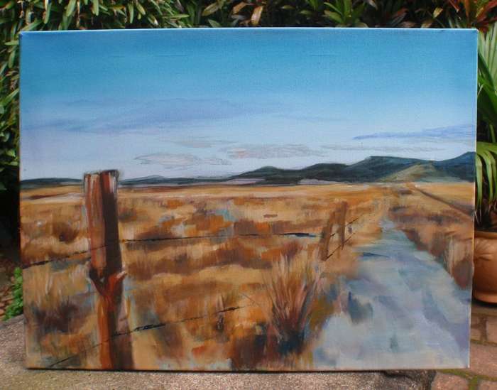 Original oil on canvas. S.African landscape with big open spaces and cobalt skies.