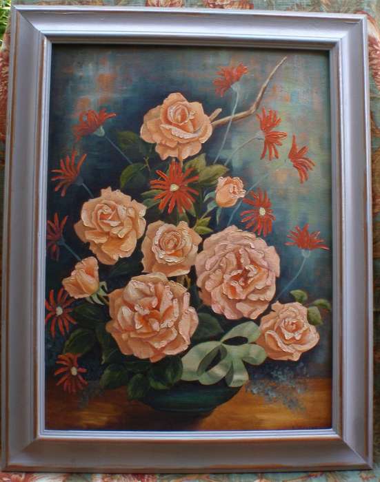 Vintage still life original oil by I.Jackson - exquisite coral roses in dove grey & gilt frame.