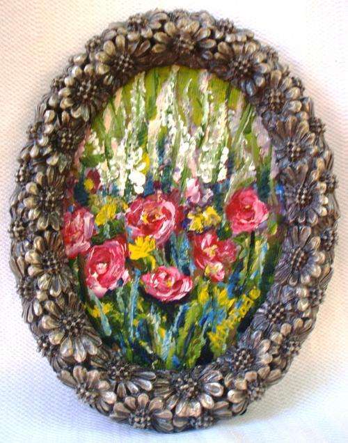 TABLE ART - ENCHANTING OIL MINIATURE IN HEAVY ORNATE SILVER FINISH FRAME - BY ARLENE McDADE