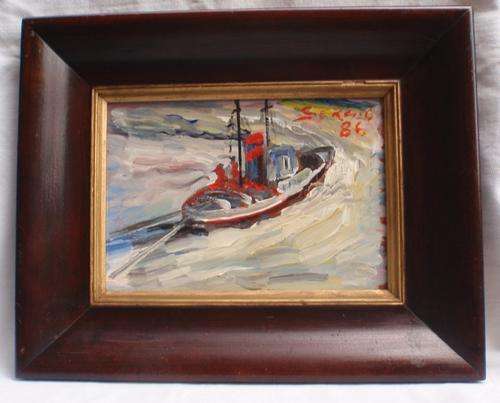 VINTAGE - MARITIME,  INTERESTING OLD PAINTING - TUG BOAT - SIGNED `SERGIO 87` IN LOVELY OLD FRAME