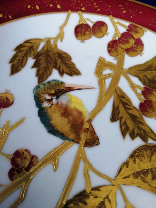 Hand Painted Gilded Porcelain Kingfisher Plates Circa 1800-1840
