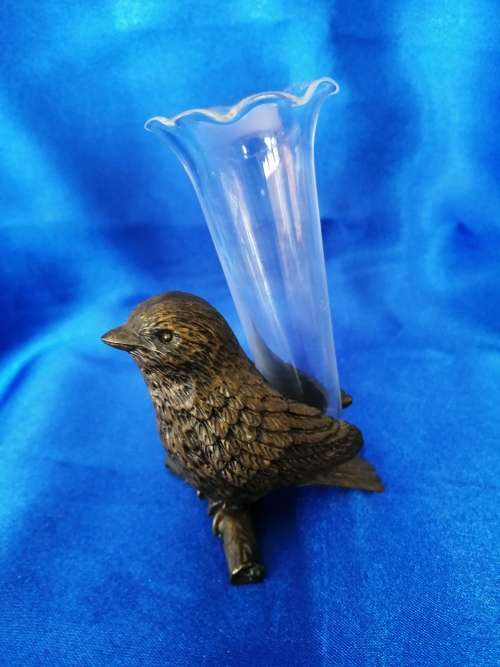 ON304  Vintage Bronze Look Bird with Glass Posy Spill Vase